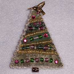 Pink Green Christmas Tree Beaded Art Quilt Pin, Pendant, Sue Andrus